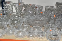 A QUANTITY OF CUT CRYSTAL BOWLS AND VASES, comprising Stuart Crystal trinket boxes, five fruit