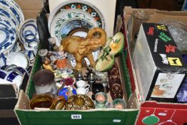 THREE BOXES OF CERAMICS, GLASS AND SUNDRY ITEMS, to include a Wade Lady and the Tramp 'Trusty'