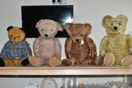 FOUR VINTAGE JOINTED TEDDY BEARS, comprising a golden plush bear with a growler requiring