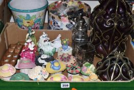 ONE BOX OF ORNAMENTS AND LIGHT FITTINGS, to include six miniature Royal Doulton figurines, Kirsty