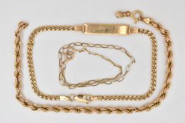 THREE BRACELETS, to include a 9ct gold rope twist bracelet, fitted with a spring clasp, hallmarked