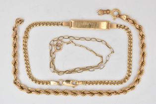 THREE BRACELETS, to include a 9ct gold rope twist bracelet, fitted with a spring clasp, hallmarked