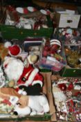 NINE BOXES OF CHRISTMAS DECORATIONS, to include a large quantity of baubles, ribbons, packs of paper