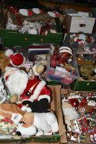 NINE BOXES OF CHRISTMAS DECORATIONS, to include a large quantity of baubles, ribbons, packs of paper