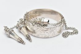 A SILVER HINGED BANGLE AND A PENDANT CHAIN, wide bangle with foliate pattern, approximate width 18.