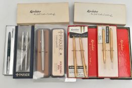 AN ASSORTMENT OF PENS AND PENCILS, to include two cased sets of 'Kreisler' 18ct gold plated ball