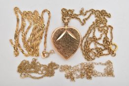 FOUR PIECES OF JEWELLERY, to include an AF heart locket pendant, broken at the bail, hallmarked