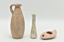 THREE PIECES OF HISTORICAL INTEREST, possibly Roman, to include a pottery vase approximate height