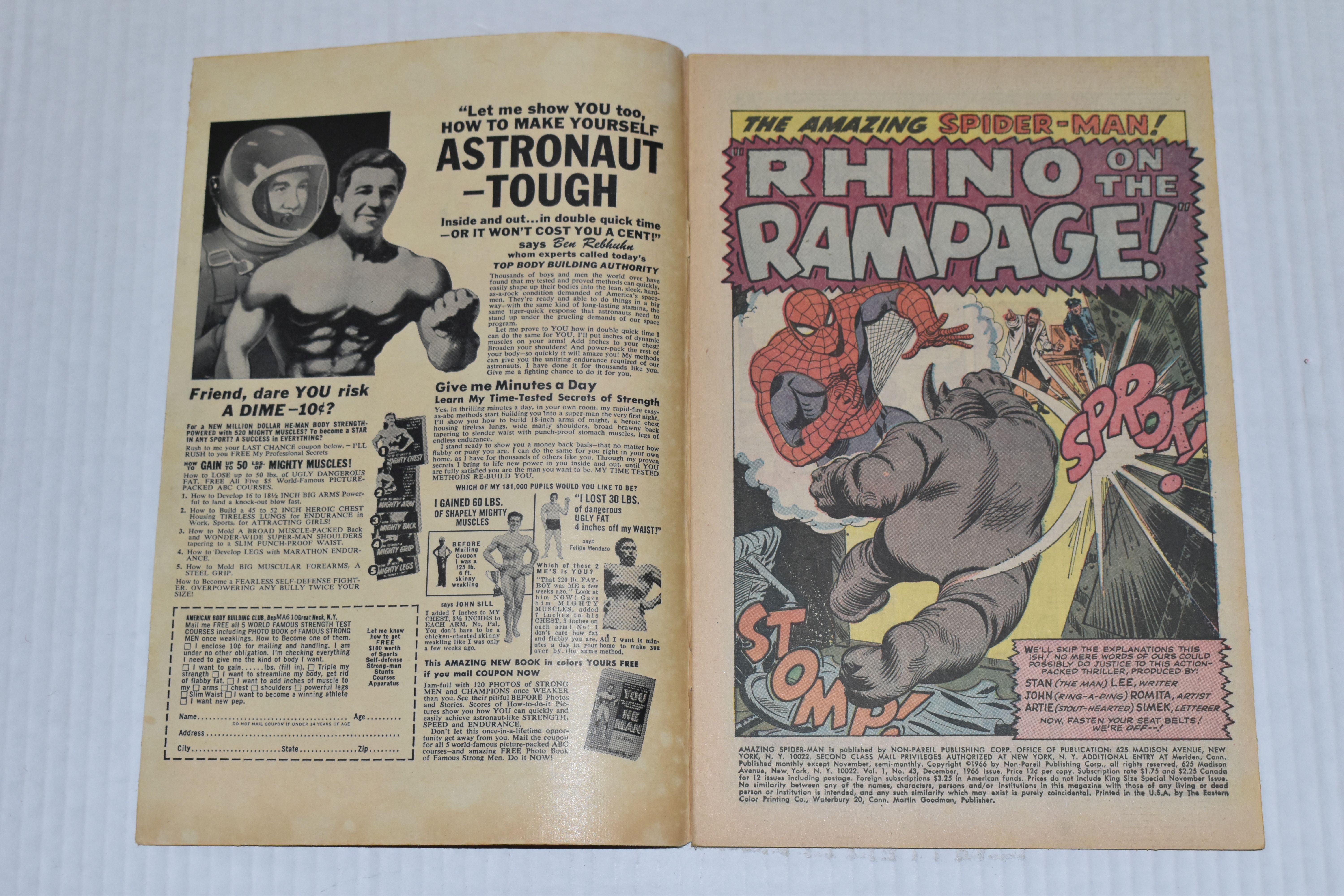 AMAZING SPIDER-MAN NO. 43 MARVEL COMIC, Rhino's origin explained, comic shows signs of wear, but all - Image 2 of 4