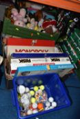 THREE BOXES OF BOARD GAMES AND TOYS, to include a quantity of soft toys, Soccerama, Monopoly,