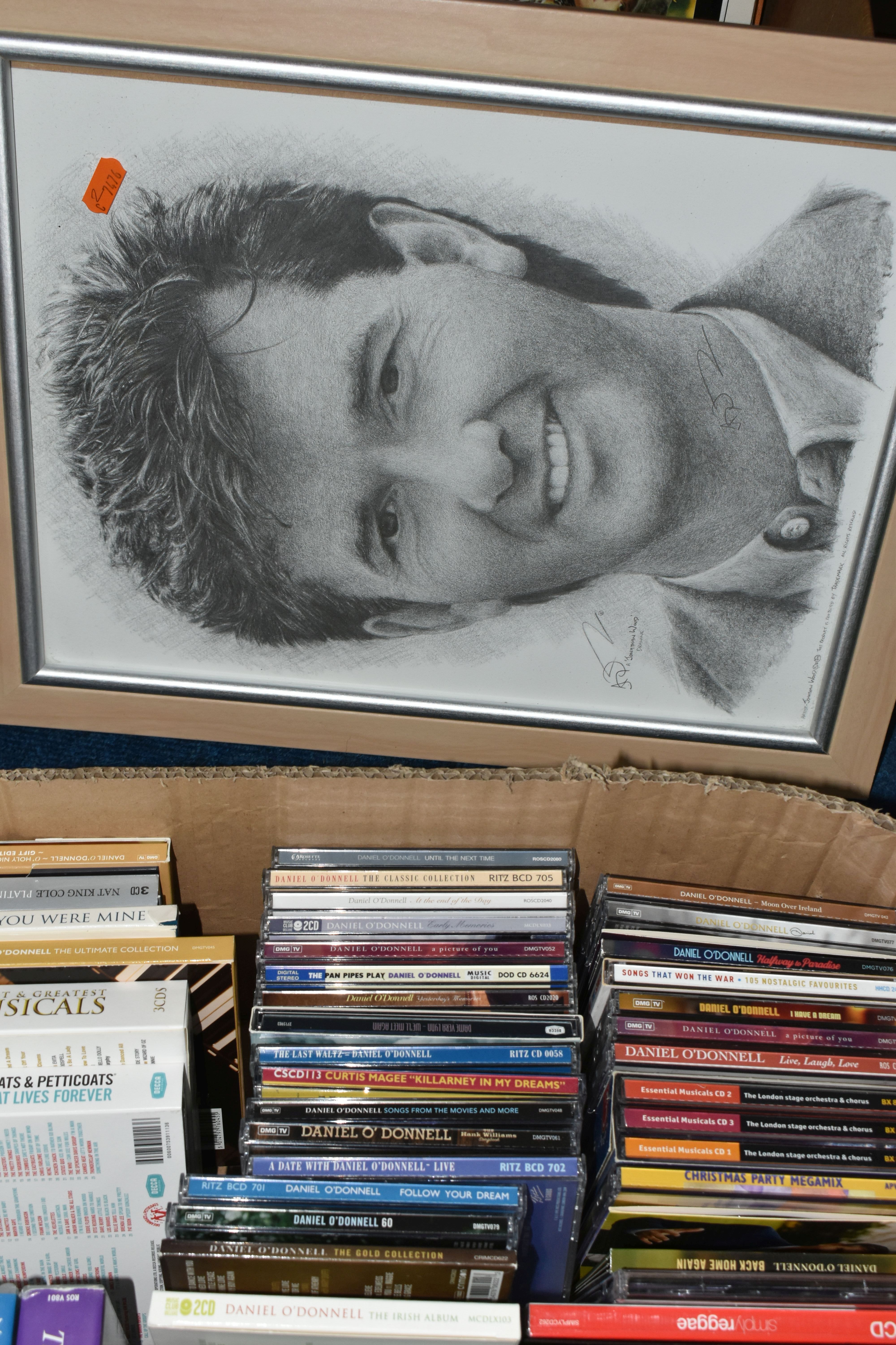 TWO BOXES OF L.PS, DVDS AND CDS, to include a framed print of a 'Jonathan Wood' drawing of Daniel - Image 3 of 4