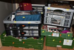 TEN BOXES OF CDS, DVDS, LPS & SINGLE RECORDS containing several hundred CDs, categories include,