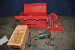 A HALFORDS TOOLBOX CONTAINING A JACK AND SPANNERS by Felco, King Dick, Bedford, Britool, Elora etc