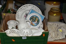 TWO BOXES OF CERAMICS AND GLASS LIGHT SHADES, to include two frosted glass ceiling shades, two