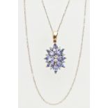A 9CT GOLD TANZANITE AND DIAMOND PENDANT, designed as a cluster of marquise shape tanzanite with