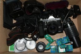 A BOX OF PHOTOGRAPHIC EQUIPMENT, to include a Pentax MG 35mm camera fitted with a Tamron f2.5 28mm