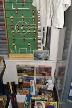 TWO BOXES OF VINTAGE TOYS AND GAMES, to include a French Charton foosball table football game, a