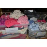 FOUR BOXES OF LADIES' CLOTHING, to include sweaters, cashmere cardigans, trousers, packaged