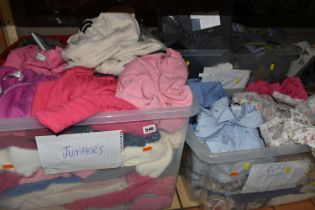 FOUR BOXES OF LADIES' CLOTHING, to include sweaters, cashmere cardigans, trousers, packaged