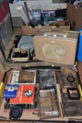 THREE BOXES OF MISCELLANEOUS SUNDRIES, to include a large vintage Roberts portable radio type CR-