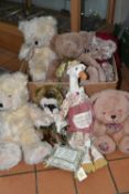 ONE BOX OF SOFT TOYS AND TEDDY BEARS, to include six bears and a duck and a collectable Kaycee