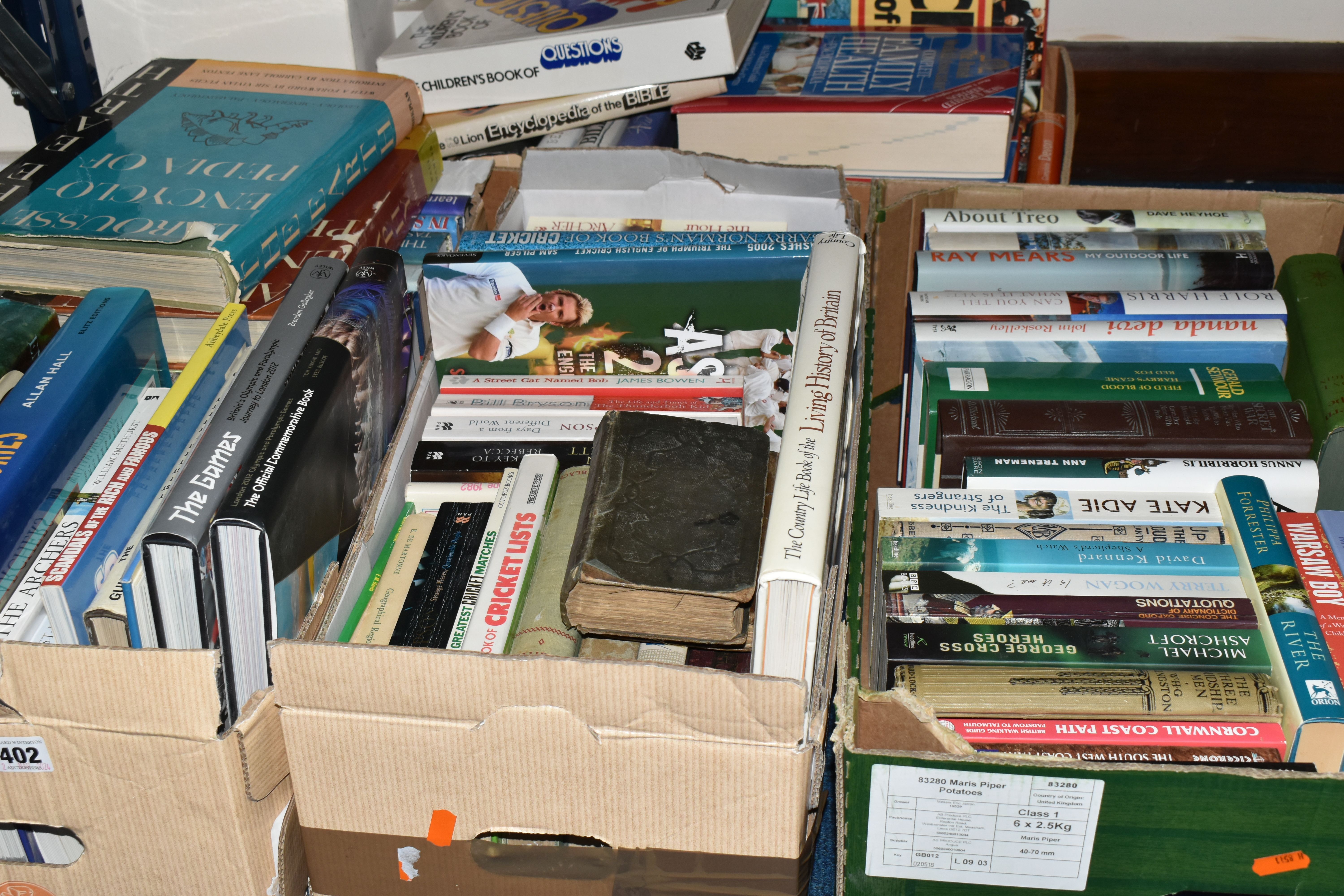 FOUR BOXES OF BOOKS, containing over eighty miscellaneous titles in hardback and paperback
