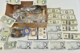 A CARDBOARD BOX OF MIXED COINS, COMMEMORATIVES AND BANKNOTES, to include $605.00 in US bills, £5 and