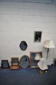 A SELECTION OF VARIOUS MIRRORS, to include a floral framed bevelled edge wall mirror 87cm x 63cm, an
