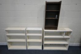 THREE WHITE PAINTED OPEN BOOKCASES, largest width 100cm x depth 30cm x height 89cm, along with a