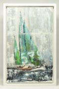 GILL STORR (BRITISH CONTEMPORARY) '579 BLUE', a depiction of a yacht flying the American flag in