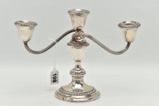 A SILVER 'GORHAM STERLING' AMERICAN CANDELABRA, a white metal three branch candelabra, gadrooned