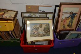 FOUR BOXES AND LOOSE ASSORTED PICTURES AND PRINTS ETC, to include eleven Cash's woven bird pictures,