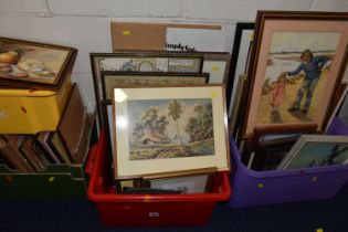 FOUR BOXES AND LOOSE ASSORTED PICTURES AND PRINTS ETC, to include eleven Cash's woven bird pictures,