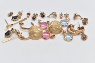 A SELECTION OF YELLOW METAL EARRINGS, eleven pairs in total, to include a pair of pink Swarovski