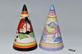 TWO RENE DALE CONICAL SUGAR SIFTERS, one painted with a pastel landscape of sailing boats, the other