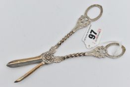 A PAIR OF LATE VICTORIAN GRAPE SCISSORS, scrolled acanthus detail to the handles, approximate length