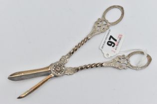 A PAIR OF LATE VICTORIAN GRAPE SCISSORS, scrolled acanthus detail to the handles, approximate length