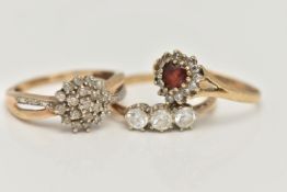 THREE 9CT GOLD RINGS, the first a circular diamond cluster ring, with open work single cut diamond