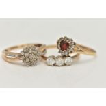 THREE 9CT GOLD RINGS, the first a circular diamond cluster ring, with open work single cut diamond