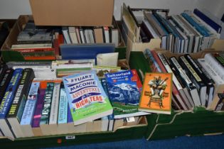 FIVE BOXES OF ASSORTED BOOKS, a general mixture of over eighty paperbacks and hardback books, to
