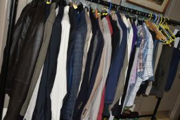 A LARGE COLLECTION OF GENTLEMEN'S SUITS, JACKETS, SHIRTS AND TROUSERS, to include a 'Hugo Boss'