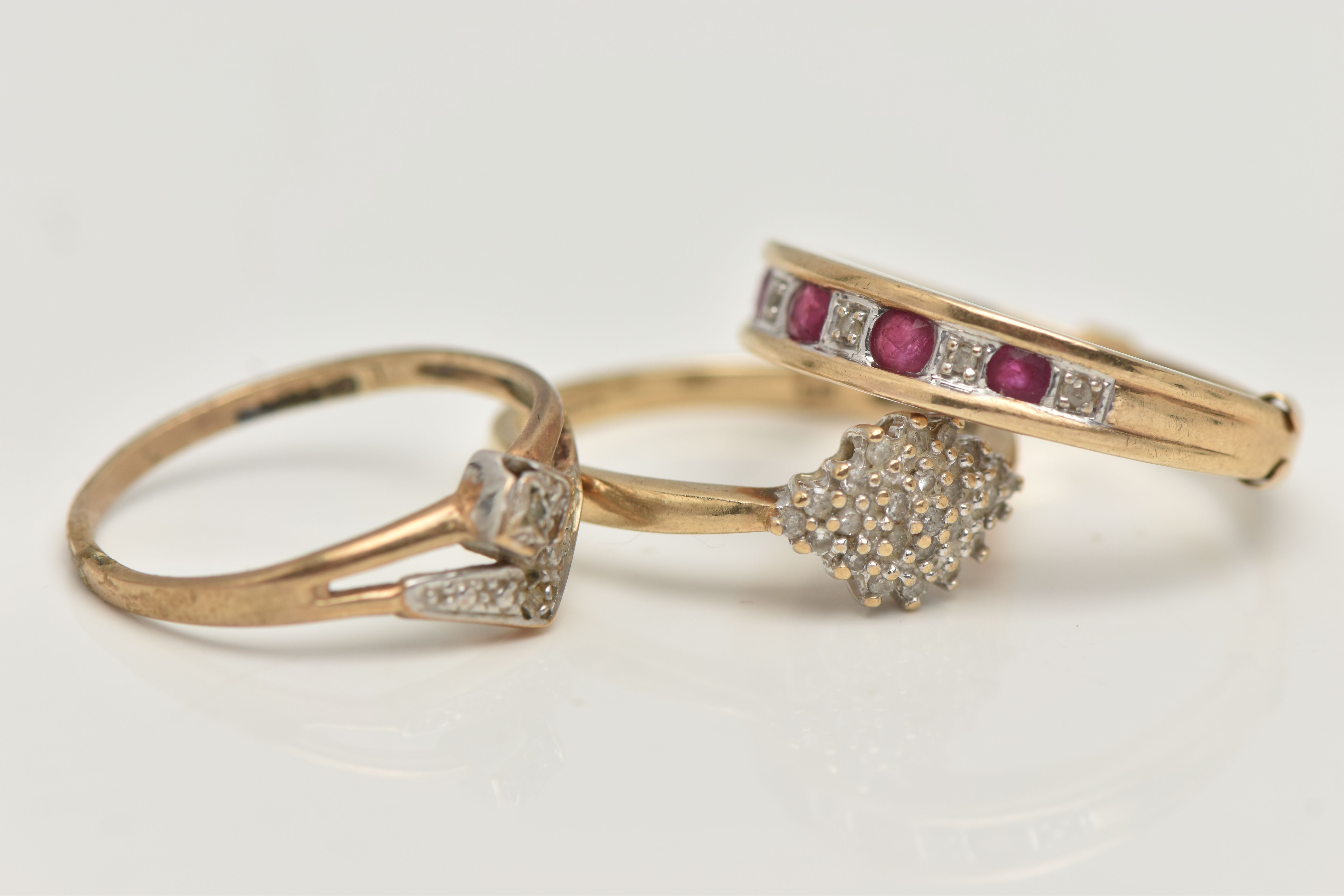 THREE 9CT GOLD RINGS, the first a ruby and small single cut diamond half eternity ring, hallmarked - Image 3 of 4