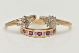 THREE 9CT GOLD RINGS, the first a ruby and small single cut diamond half eternity ring, hallmarked