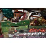 SEVEN BOXES OF MISCELLANEOUS SUNDRIES, to include a copper kettle, brass ornaments, a sealed box