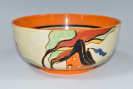 A CLARICE CLIFF FANTASQUE 'ORANGE HOUSE' PATTERN BOWL, painted with two orange houses in a fantasy