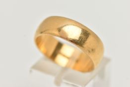 A 22CT GOLD BAND RING, polished wide band, approximate band width 6.9mm, hallmarked 22ct London,