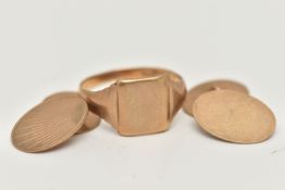 A GENTS 9CT GOLD SIGNET RING AND A PAIR OF 9CT GOLD CUFFLINKS, the polished AF rectangular signet