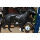 ONE BOX OF ORNAMENTS AND SUNDRIES, to include a large bronze 'Greyhound' figure, height 31cm, a 19th