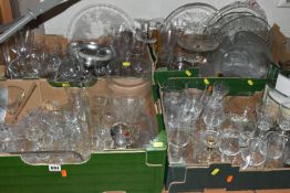 FOUR BOXES OF GLASSWARE, to include drinking glasses, vases, photo frames, a light bulb shaped