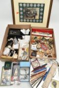 A BOX OF ASSORTED COSTUME JEWELLERY AND ITEMS, to include two Robertsons Jam, enamel mascot pin